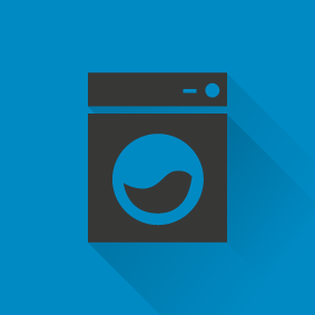 Piktogramm einer Waschmaschine oder eines Trockners auf dunkelblauen Hintergrund. 