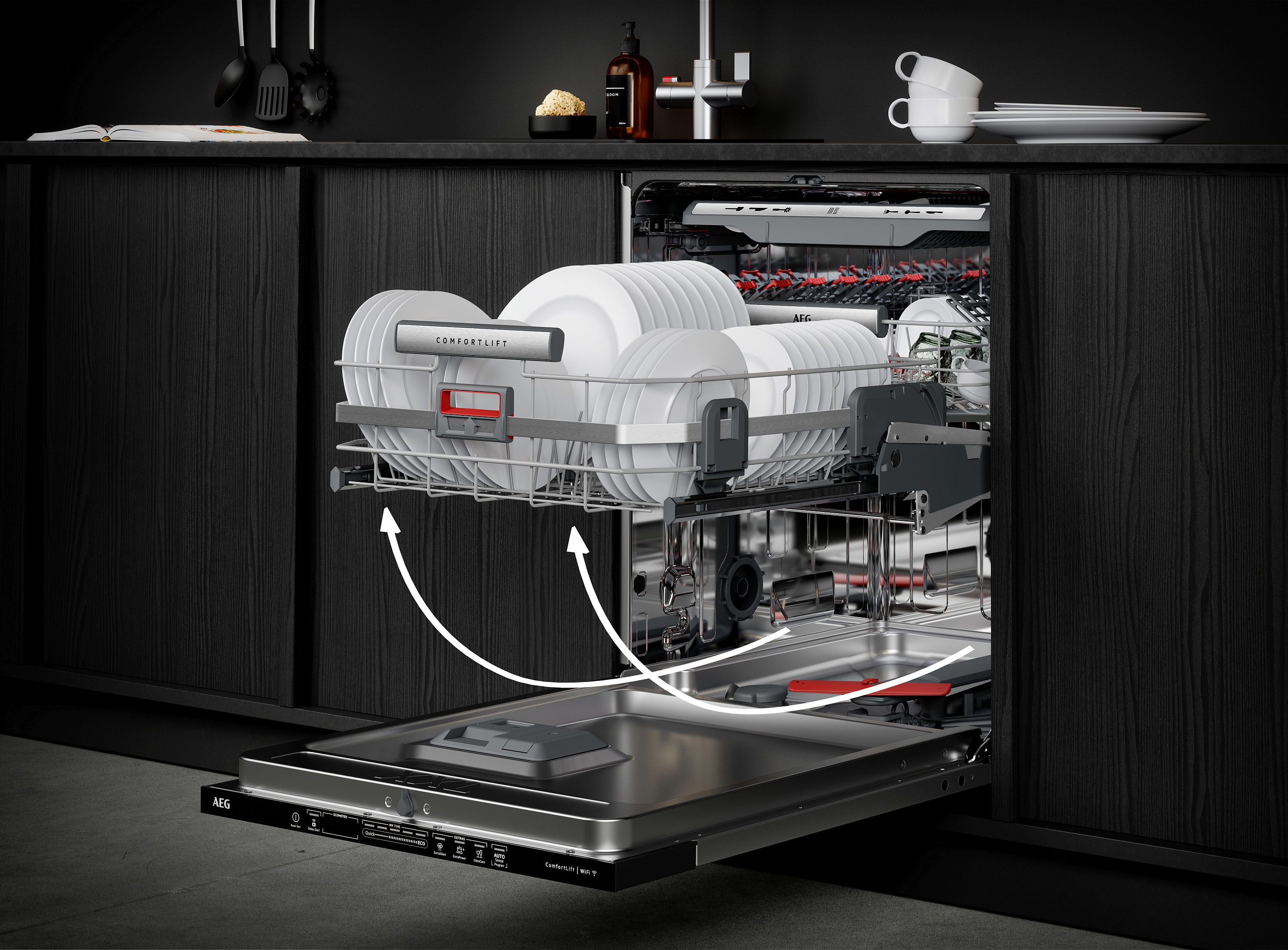 Unterkorb des Geschirrspülers, der sich nach oben fahren lässt. 